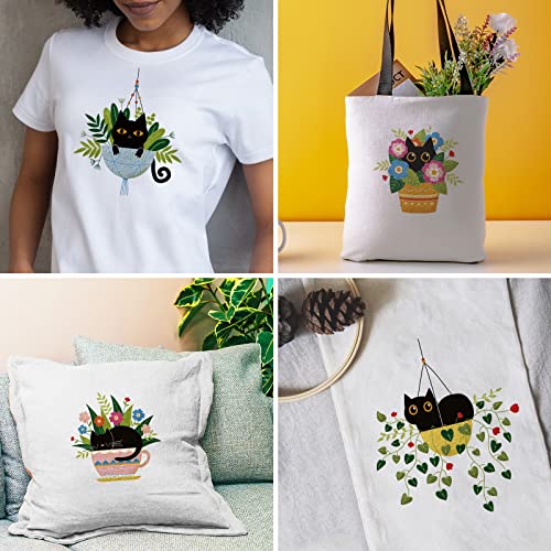 Image of INFUNLY 4 Pack Embroidery Starter Kit Black Cat Cross Stitch Kit with Instructions DIY Beginner Plant Embroidery Set with Plastic Embroidery Hoops,Threads and Needles for Beginners Adults DIY Craft