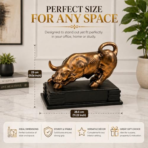 Image of ARMONIA Golden Charging Bull Statue (23 * 28.5cm) | Polystone Bull Sculpture Showpiece Wall Street Bull for Home Decor, Stock Market & Trading Desk Symbol of Business Growth