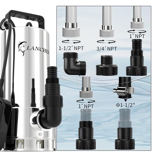 Image of LANCHEZ Sump Pump, 1.6HP High Flow Submersible Water Pump with Float Switch, 6000GPH Automatic Transfer Utility Pump Pump for Swimming Pool Basement Flooded Pit Sewage Sink Tub, Stainless Steel Large