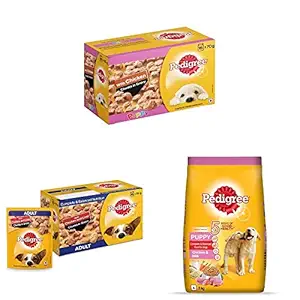 Pedigree Puppy Wet Dog Food, Chicken Chunks in Gravy, 70 g (Pack of 15) & Adult Wet Dog Food, Chicken & Liver Chunks in Gravy, 70 g (Pack of 15) & Puppy Dry Dog Food, Chicken & Milk, 3kg Pack