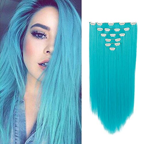 Creamily 8 Pcs Full Head Party Highlights Clip on in Hair Extensions Multi-Colors Synthetic Hairpieces (20-Inch Curly, Ultramarine)