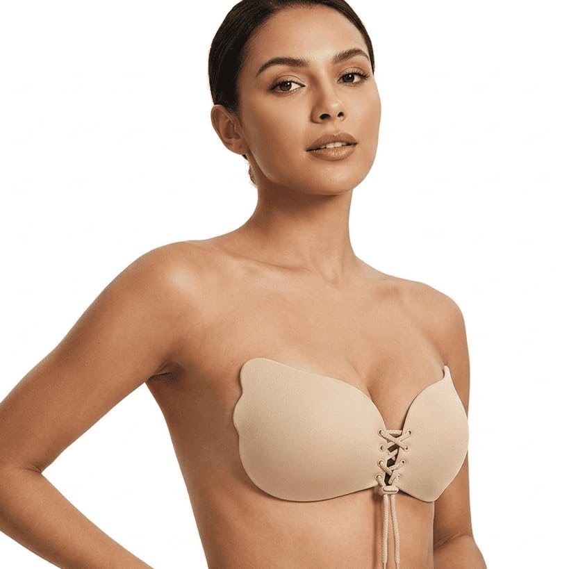 Reusable Invisible Silicone Adhesive Bra for Women | Strapless Sticky Push Up Bra for Backless Off Shoulder Deep Neck Dresses | Beige | Size B-picture-31