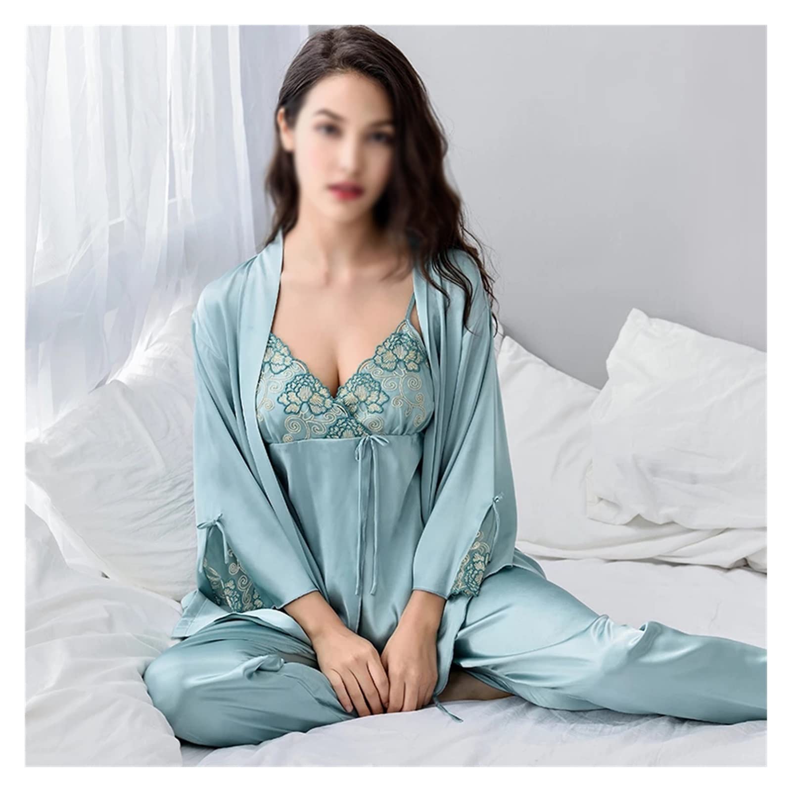 Satin Pijamas Mujer Camison Encaje Pijamas De Satin Para Mujer - Main Image