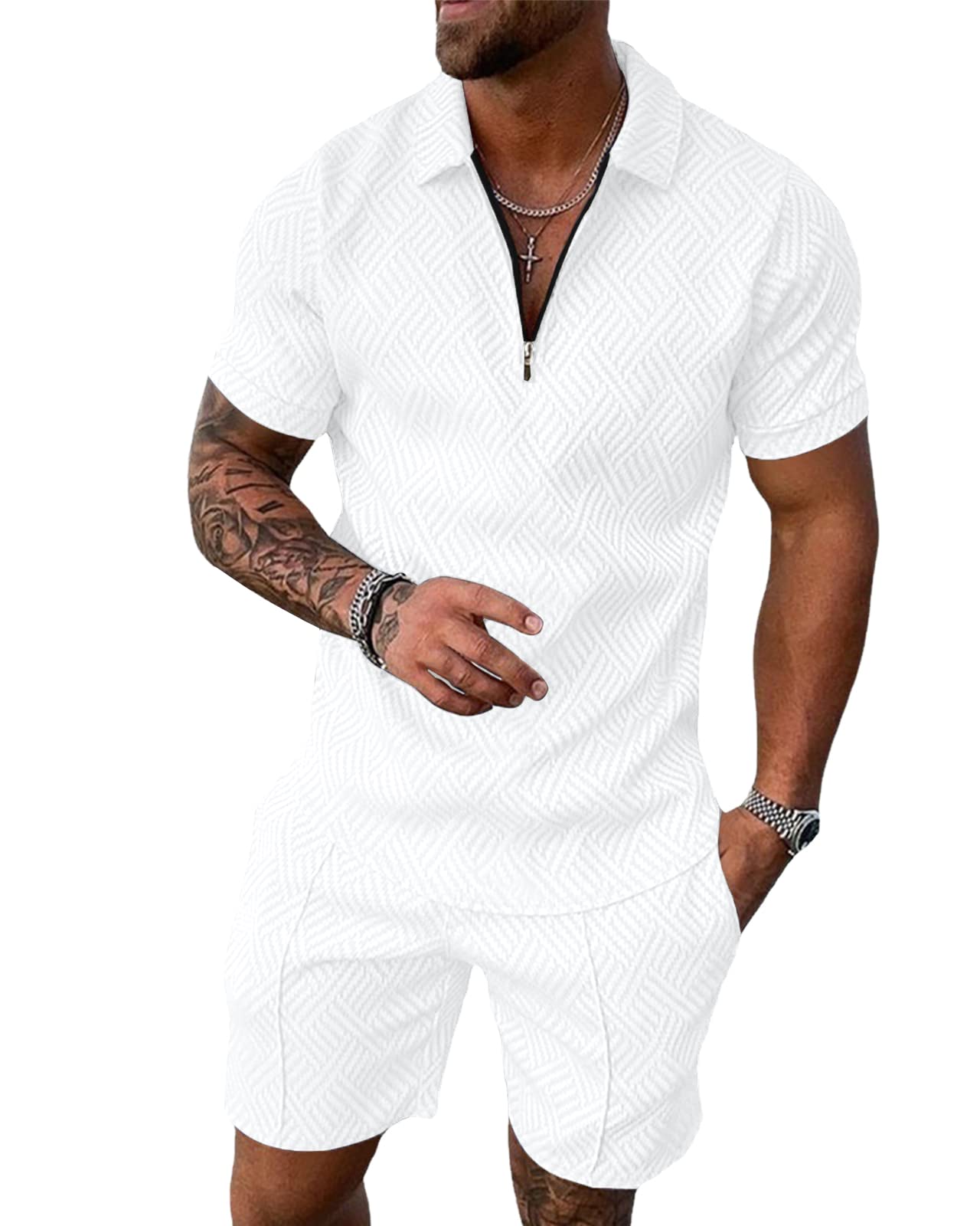 aulemen mens 2 piece zip tracksuit short sleeve print polo shirt and shorts sets summer outfits for men