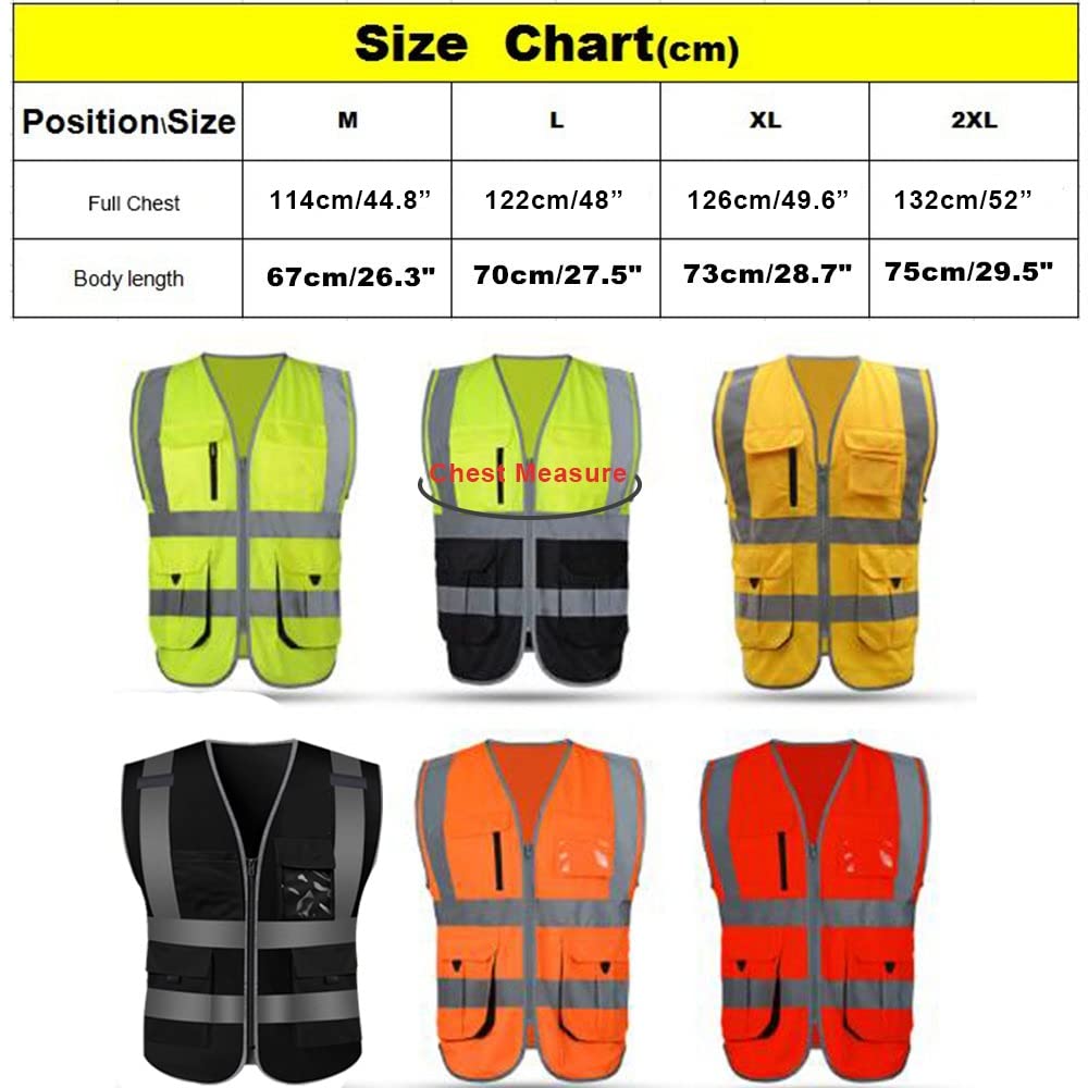 Chaleco De Seguridad Hola Visibilidad Chaleco de seguridad con tiras reflectantes y bolsillos con cremallera Trabajo de construcción Uniformes de valores. Chaleco Reflectante(Neon Yellow,M-Chest 114cm