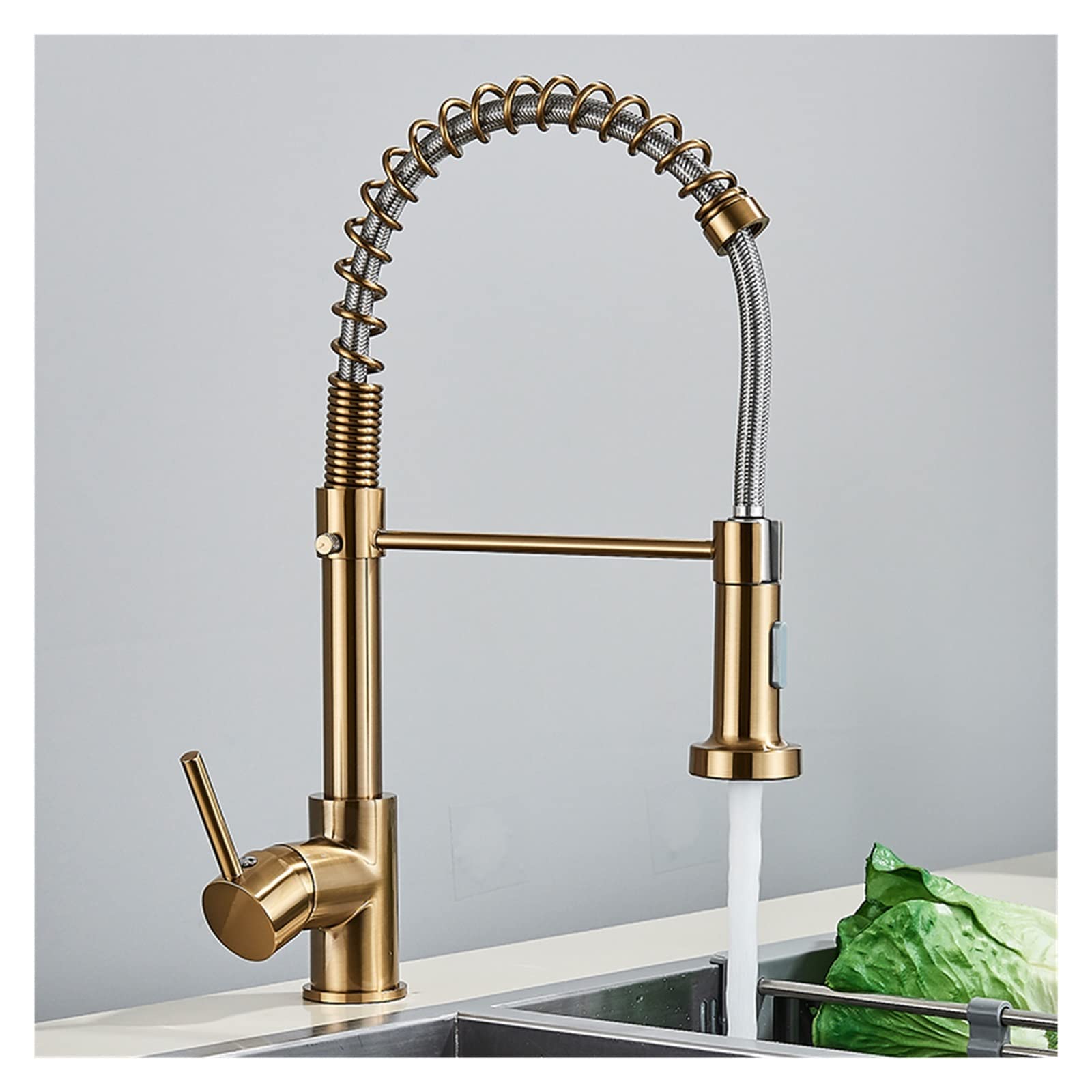 Yadzisw Brush Gold Grey Hose Kitchen Faucet With 360° Swivel Pull Down Sprayer, 2-Function Mixer Tap For Modern Sinks