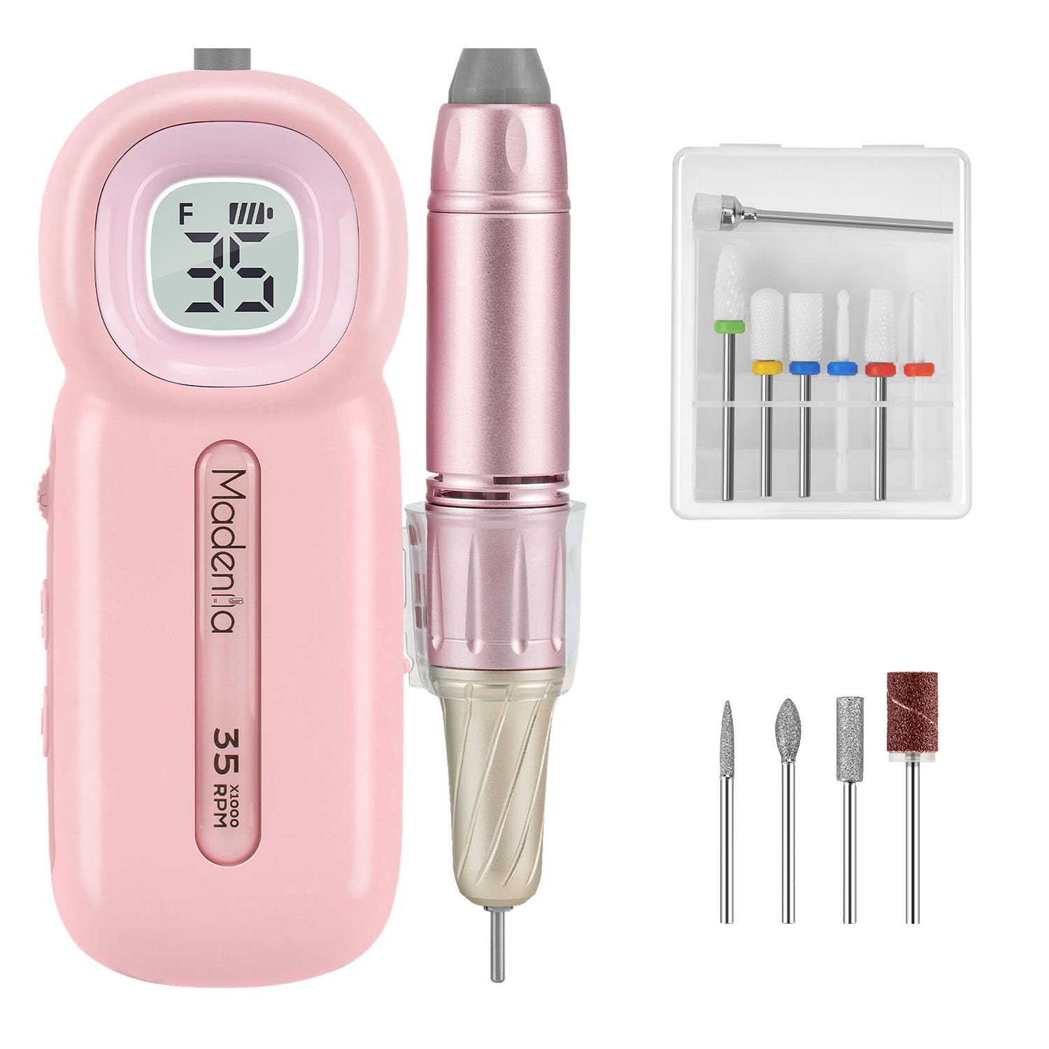 Madenia Rechargeable Nail Drill Machine Pink and 7pcs Ceramic Nail Drill Bits