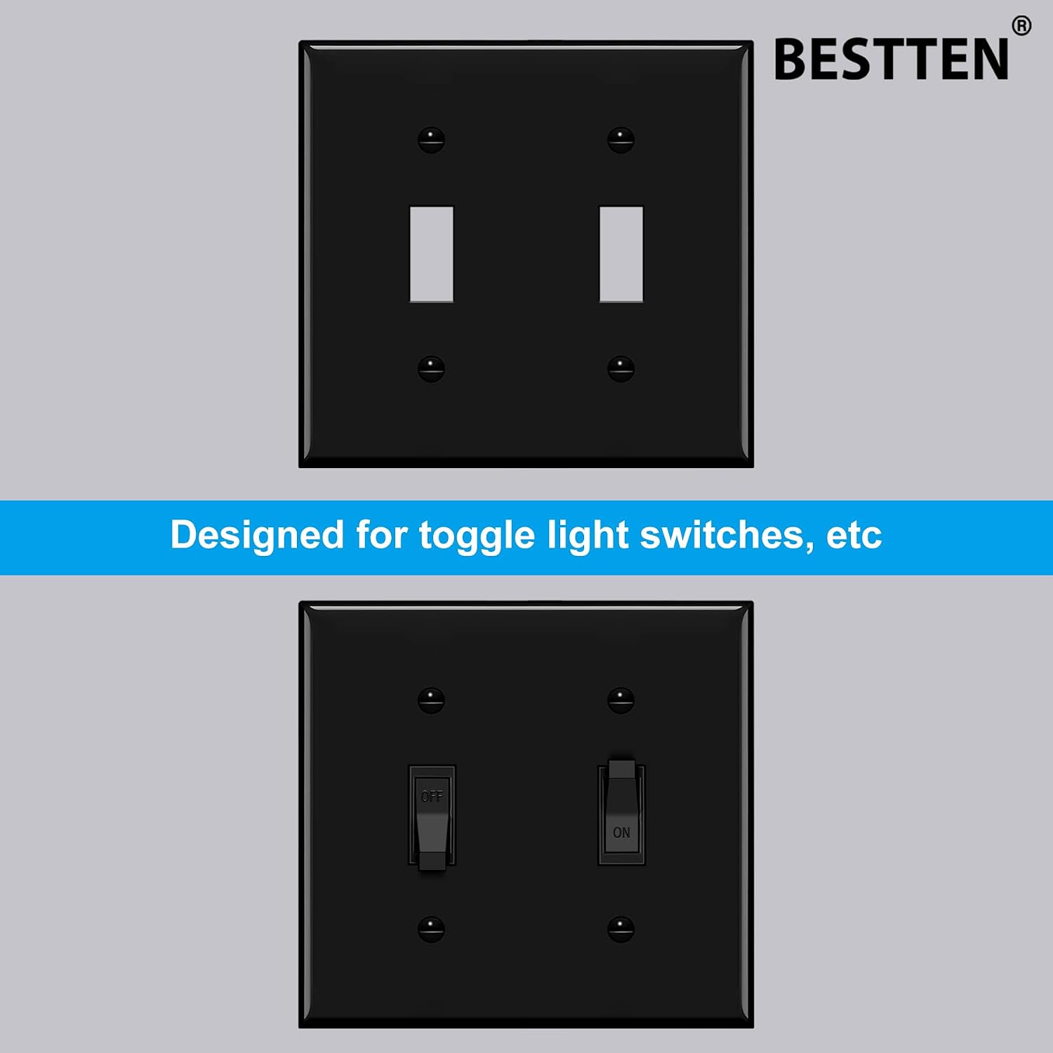 BESTTEN 2-Gang Toggle Light Switch Wall Plate, Double Toggle Switch Cover, Unbreakable Polycarbonate Faceplate Cover, Standard Size, UL Listed, Black, 2 Pack
