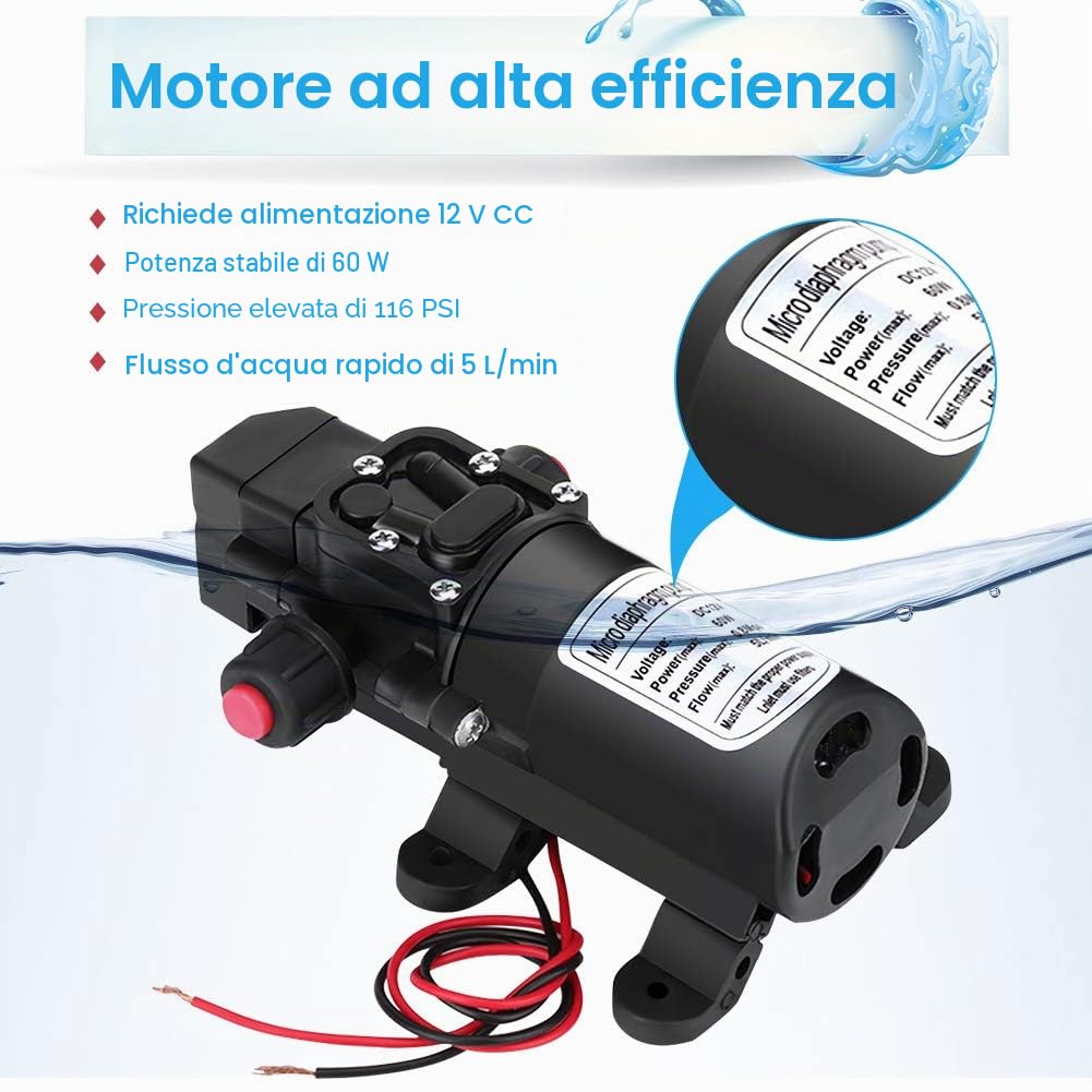 Pompa Acqua, 12 V DC 5L/min 60W Water System Pump Pompa di dell'acqua con Interruttore Automatico per Caravan, Barche e Giardini
