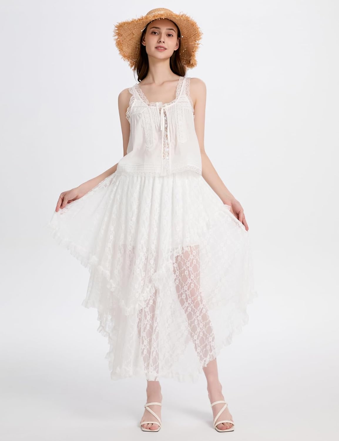 ROJZR Womens Lace Long Skirts Elastic High Low Asymmetrical Layered Hem Sexy See-Through Maxi Skirts Sheer Flowy Beach - Image 3