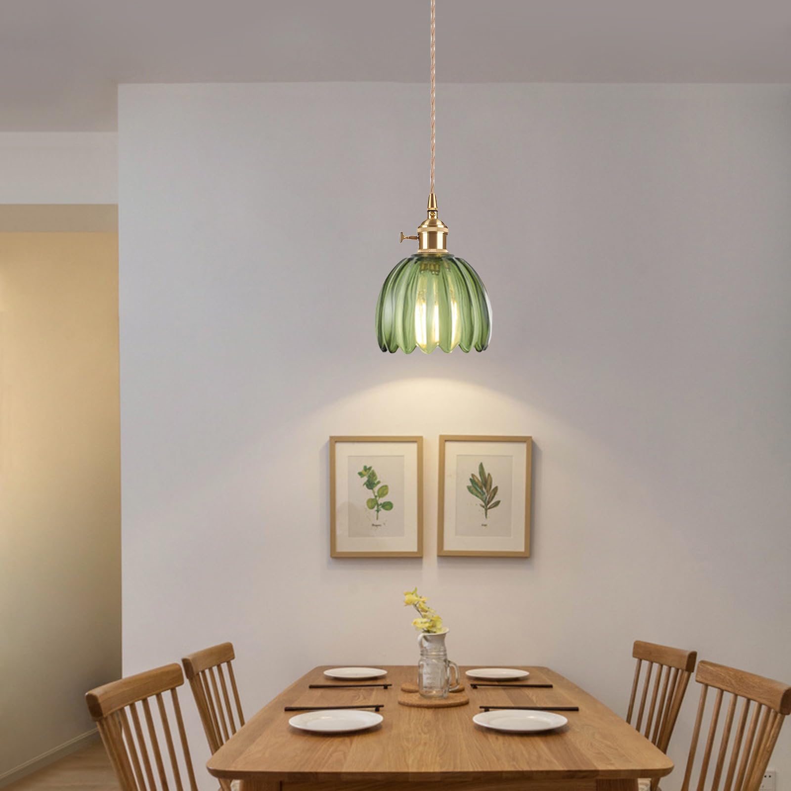 EKSED Lampada a Sospensione Vintage in Vetro con Attacco E27 e Interruttore Rotante, Paralume a Forma di Petalo per Cucina, Sala da Pranzo o Camera da Letto (verde, 2 pezzi)
