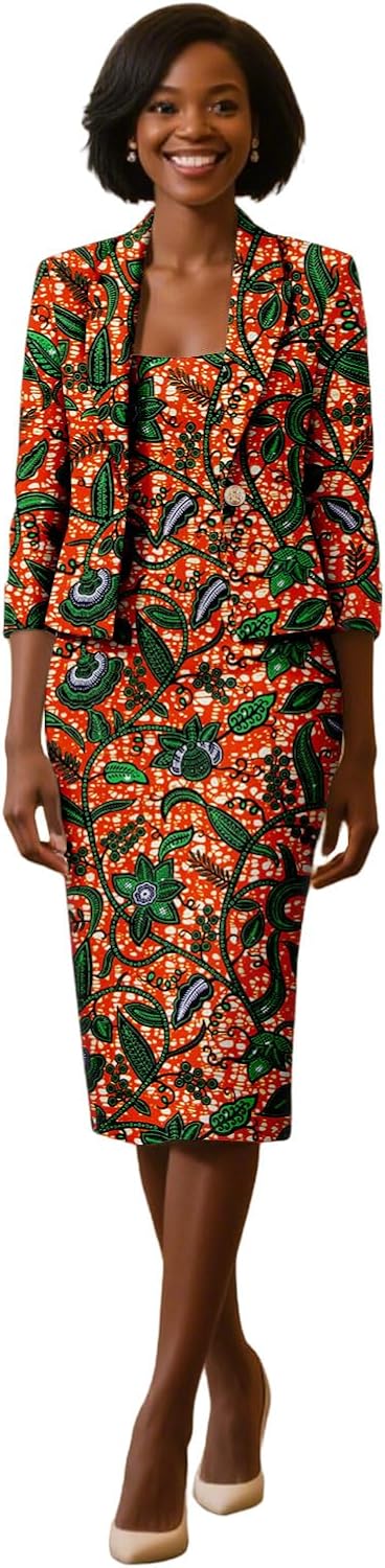 African Clothes for Women Half Sleeve One Button Print Blazer and High Waist Midi Skirts 2 Piece Set