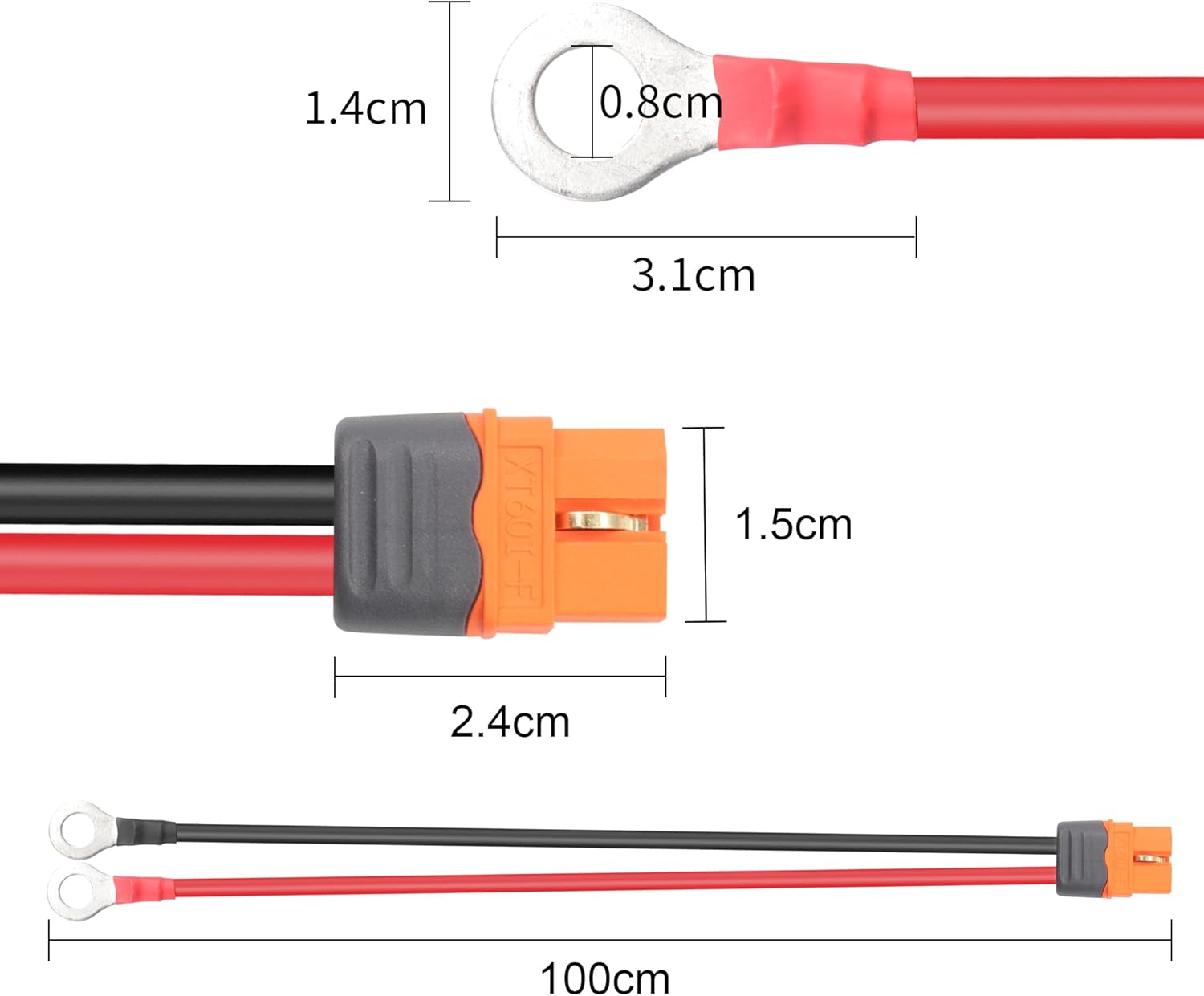 RIIEYOCA XT60I to O Ring Terminal Cable,XT60I Female to O Ring Connector Cable,with 1M 12AWG Silicon Wire,for RC Lipo Battery FPV Racing Drone(1M/3.3FT)