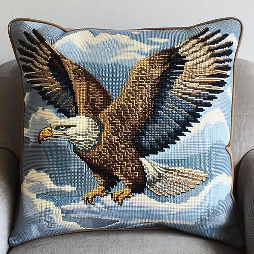 ANSIWEIGO Animal Bird Latch Hook Kit Cushion Latch Hook Kit,A Flying Bald Eagle,DIY Pillow Materials Hooks Knitted Embroidered Pillow Embroidery Latch Hook Carpet Kit,43x43 cm