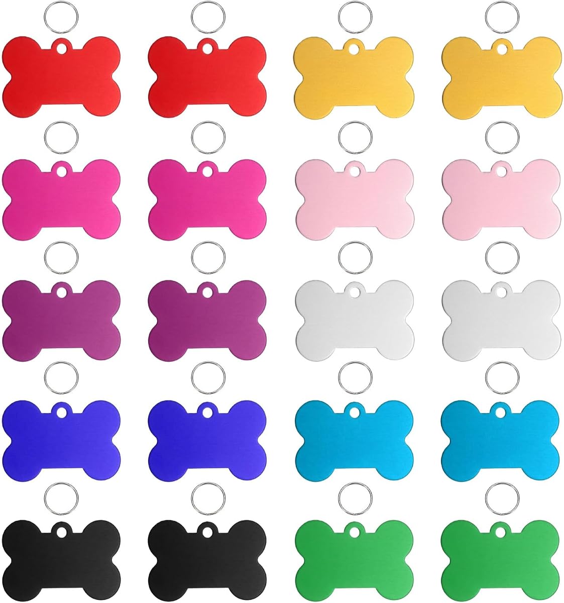 Etiquetas de identificación para mascotas, etiquetas personalizadas para perros y gatos, de acero inoxidable, con forma de hueso de aluminio, grabadas en blanco con llavero de 38 x 25 mm, (multicolor, 20 piezas), destinadas a manualidades de perros/gatos/nombre/colgantes
