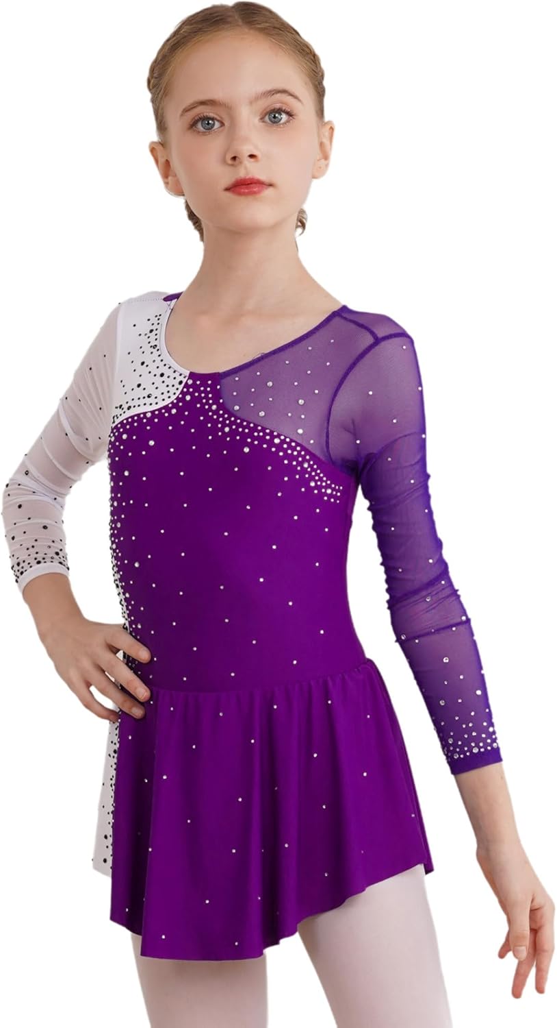 Kids Girls Shiny Rhinestone Ballet Dance Dress Long Sleeve Figure Skating Dress Ballet Dance Leotards Costume