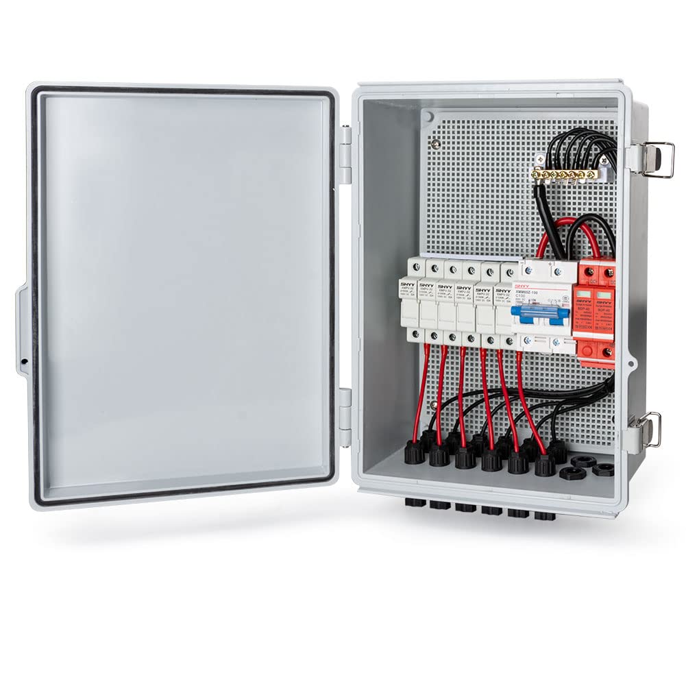 6 String Solar Combiner Box PV Combiner Box with Lightning Arreste, 63A Circuit Breakers and 15A Rated Current Fuse for On/Off Grid Solar Power System, IP65 Water Resistant
