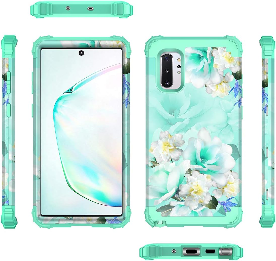 Casetego Compatible with Galaxy Note 10 Plus Case,Floral Three Layer Heavy Duty Hybrid Sturdy Shockproof Full Body Protective Cover Case for Samsung Galaxy Note 10 Plus,Green/White
