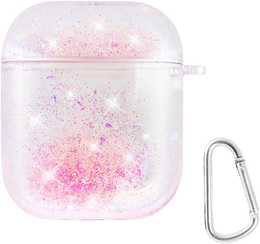 uCOLOR Case for AirPods Full Protective Sparkle Quicksand Waterfall Clear Women Protective Case Portable Cover Skin with Key Chain for Earphone AirPods 2/1 Charging Case (Pink Glitter)