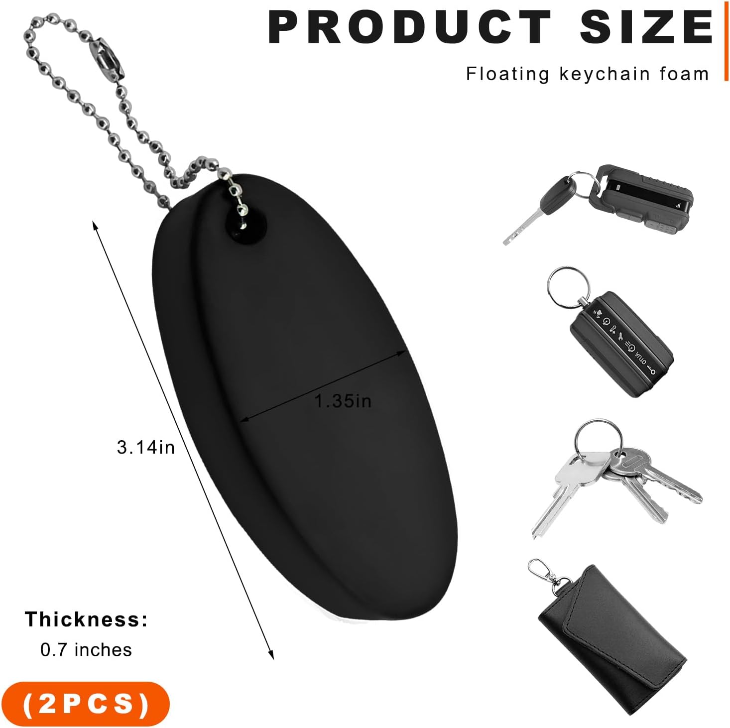 2 PCS Floating Keychain, Oval Foam Float Key Rings PU Rescue Tube, Key Chain for Surfing Sailing Water Sports (Black)