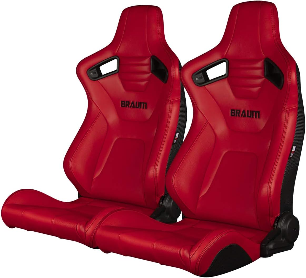 BRAUM Elite-X Series Racing Seats – Black Leatherette with Red Stitching and Piping – Reclining Seat Set with Carbon Fiber Backing – Set of 2 (BRR1X-BDDWS)