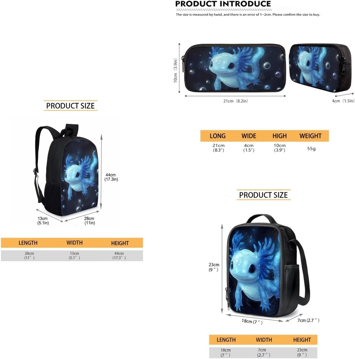 Boys Backpack 6-8 Axolotl Cute Boy 3 in 1 Blue Salamander Backpack for School Boys 17 Inch Elementary School Bags Camping Lunch Bag Insulated