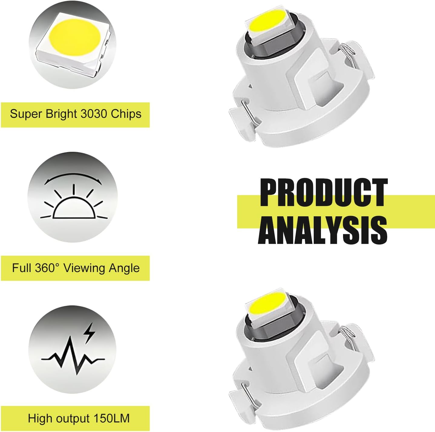 10 PCS Car T4.2 LED Bulbs, 12 V 3030 SMD High Brightness Dashboard Indicator Light, Plug and Play Wide Angle HVAC Climate Control Bulb, Interior Lighting Replacement for Car (White)