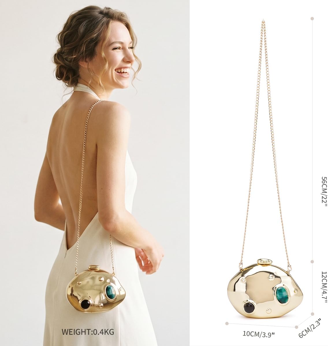 Metallic Evening Clutch for Women, Minaudiere Hard Box Stone Inlay Purse Elegant Handbag with Chain Strap Crossbody Bag
