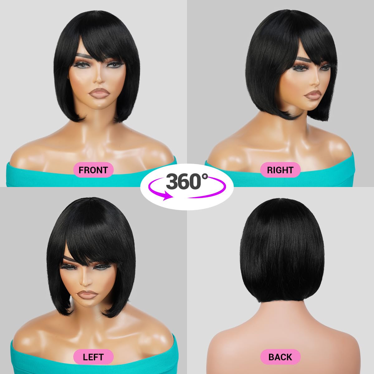 Short Bob Wigs Human Hair Wigs with China Bangs for Black Women Straight Bob with Bangs Human Hair Non Lace Front Wigs – Diamond (10 inch (1 Pack), NATURAL BLACK)