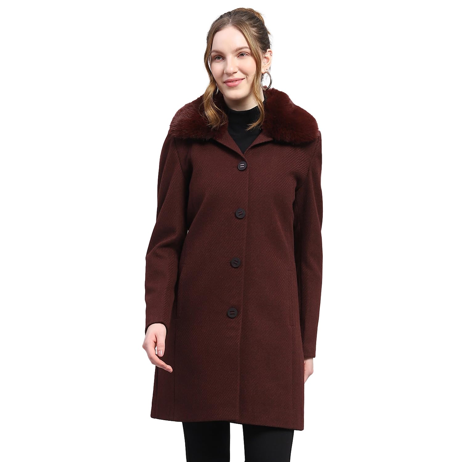 monte carlo Womens Wool Blend Hip Length Self Design Wine Notched Lapel Full Sleeve Coat-picture-12