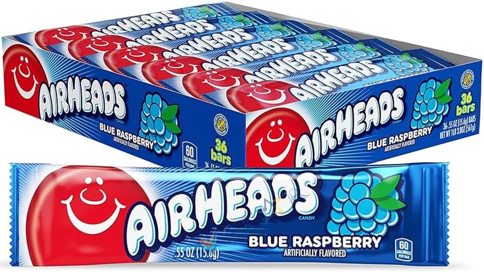 VSTAR Airheads Bars Watermelon,Blue Rasberry,White Mystery & Cherry Gummy Sweet 16g (Pack of 36 (Full Box), Blue Rasberry)