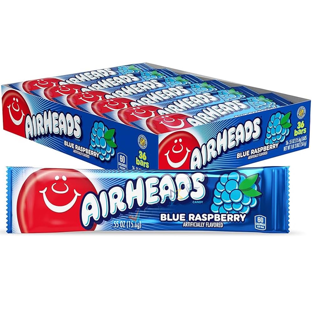 VSTAR Airheads Bars Watermelon,Blue Rasberry,White Mystery & Cherry Gummy Sweet 16g (Pack of 36 (Full Box), Blue Rasberry)