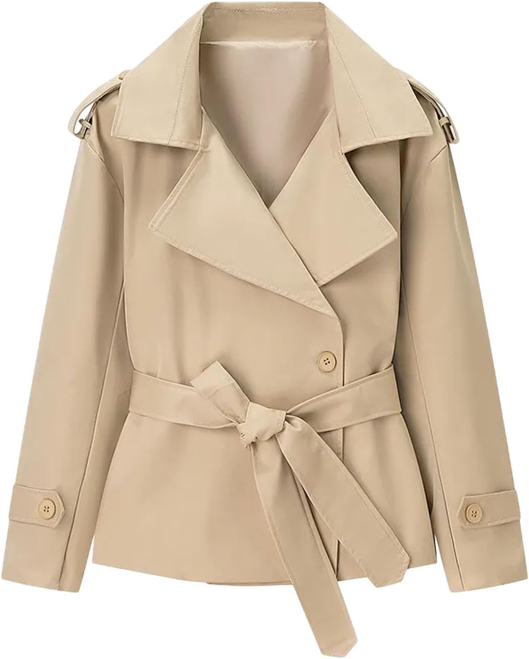Womens Short Trench Coat With Belt Solid Color Lapel Windproof Street Style Casual Commute Outerwear