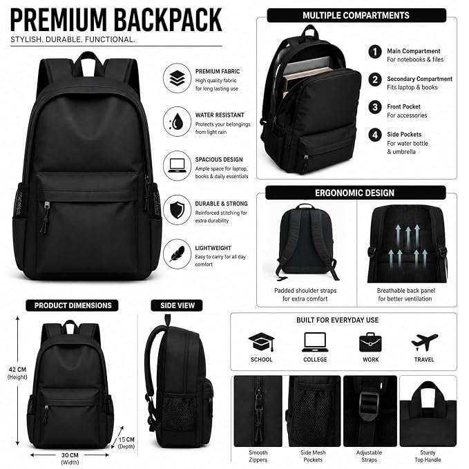 Image of College bag for girls and boys, Office Bag for Men & Women, 15.6 Inch Laptop Backpack, Water Resistant & Lightweight School and Tuition Bag, 2 Compartments with Bottle Holder