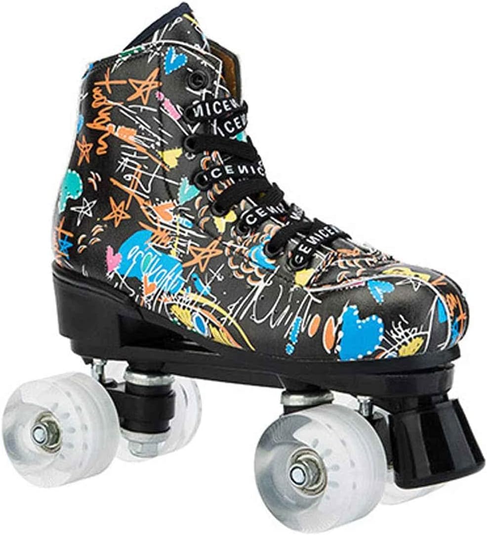 Classic Graffiti Roller Skates, Led Blinking Wheel Double-Row Skates, Comfortable and Breathable Sneakers for Boys and Girls,38-Whitedoesnotflash