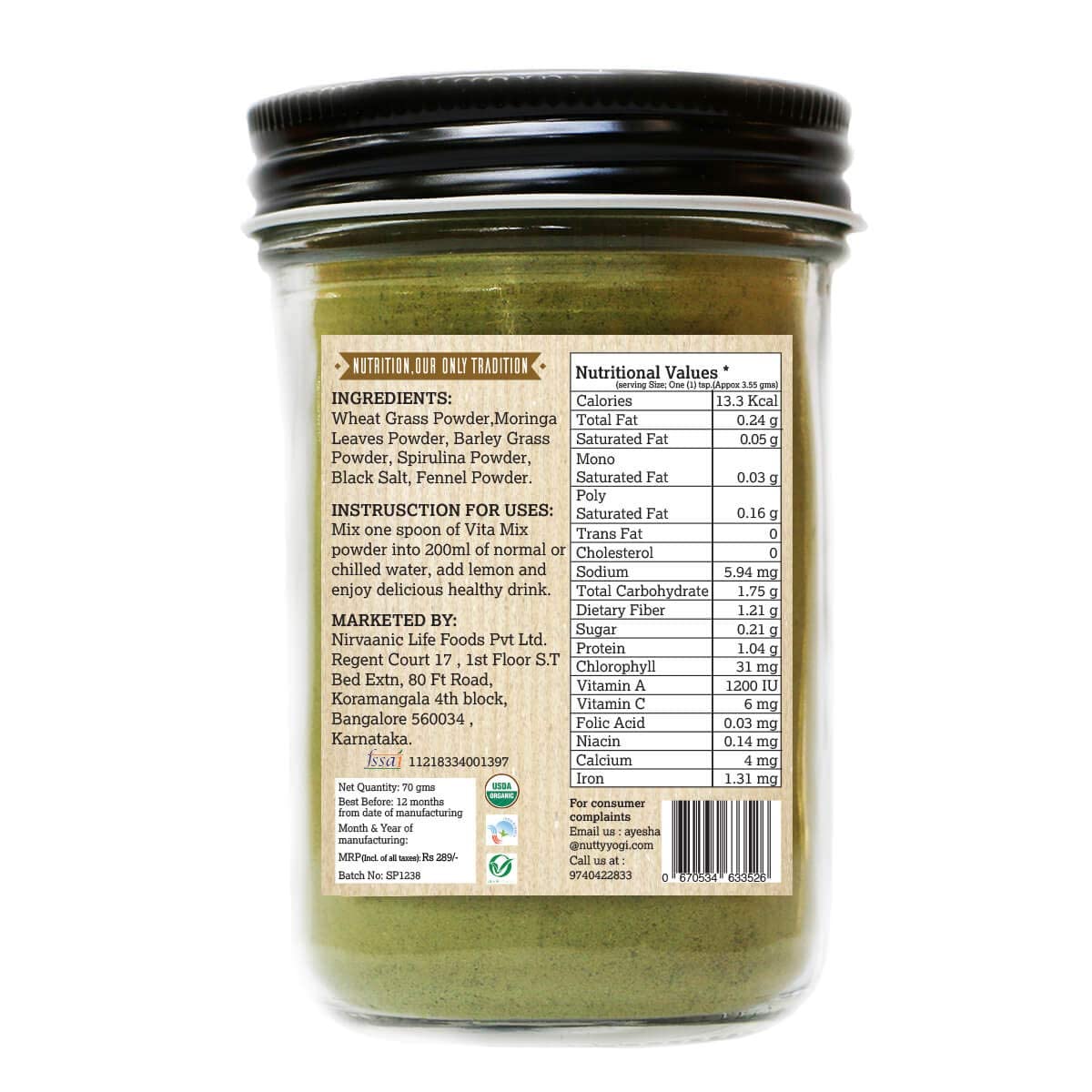 Nutty Yogi Vita Mix, Mix of Moringa, Barley,Spirulina, Boosts Energy Levels, Immunity Booster 200g — Amazon image 2