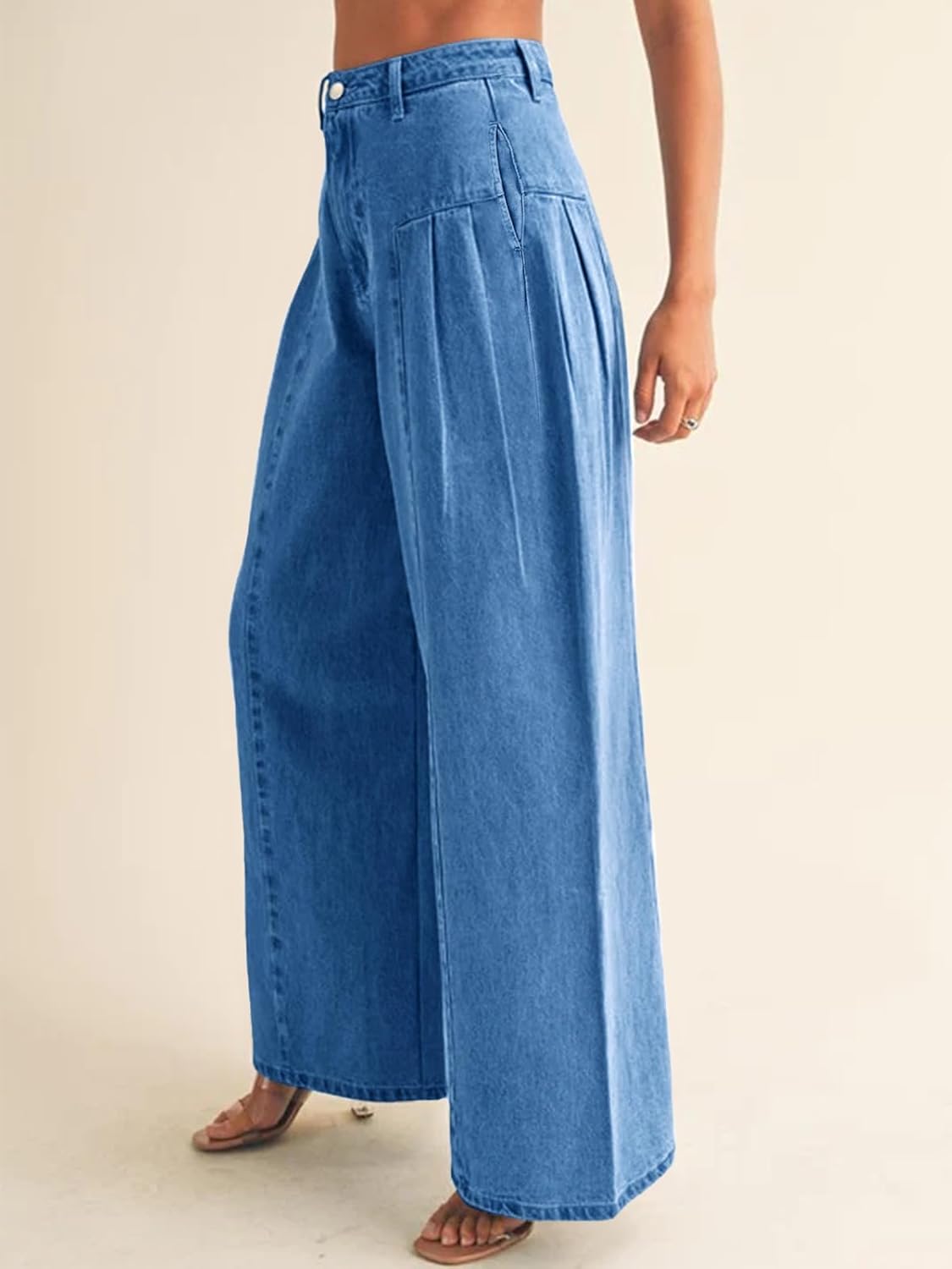 PLNOTME Womens Baggy High Waisted Jeans Loose Boyfriend Wide Leg Side Pleated Denim Pants - Image 2