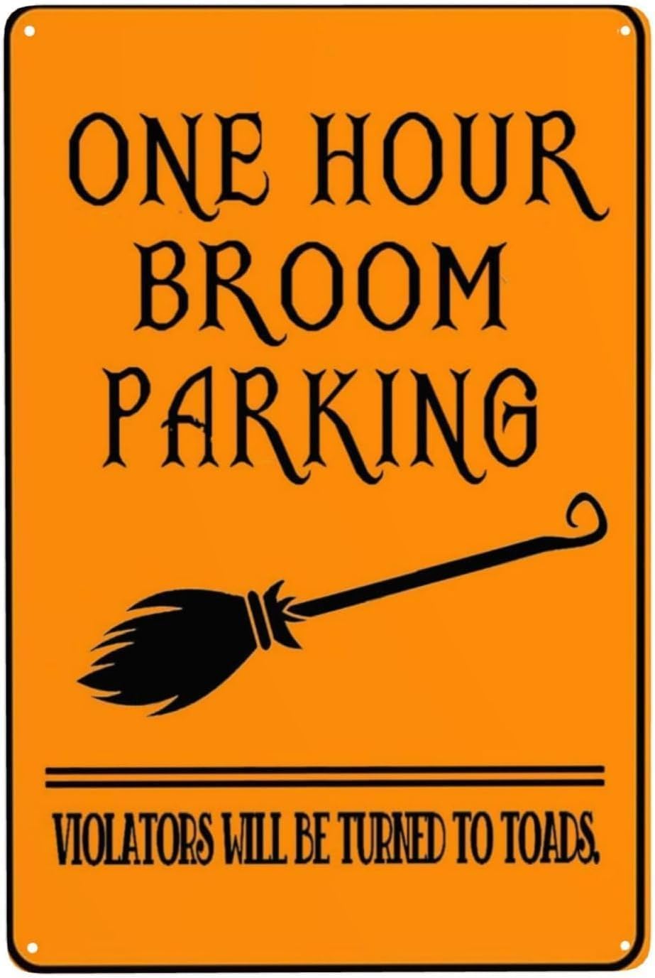 SMAZDFXX Rules One Hour Broom Parking Automotive Themed Violators Will Be Turned to Toads Metal Sign Halloween Retro Garage Tin Plaques Decor Man Cave Dining Room 12"x16"