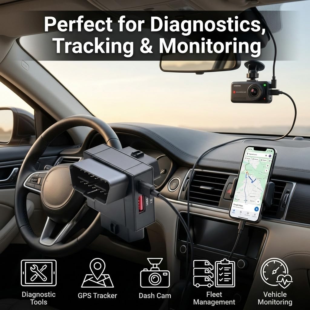 iKKEGOL OBD2 Splitter Adapter, OBD II 16 Pin 1 Male to 2 Female Extension Cable with USB & USB-C Charging Ports, OBD2 Y Splitter 2 Way Dual Converter for Diagnostic Scanner Dash Cam (Top Widest)