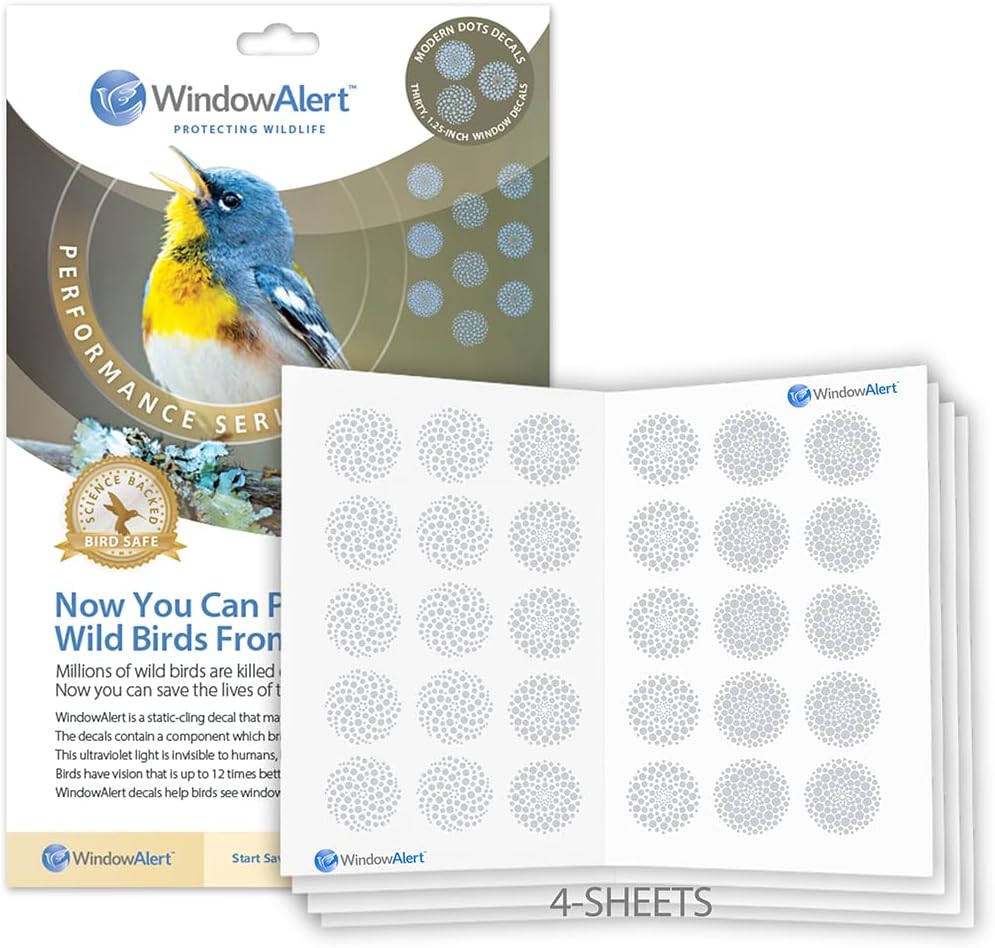 WindowAlert Performance Series Modern Dots Anti-Collision Decal 4 Pack - UV-Reflective Window Decal to Protect Wild Birds from Glass Collisions - Made in the USA