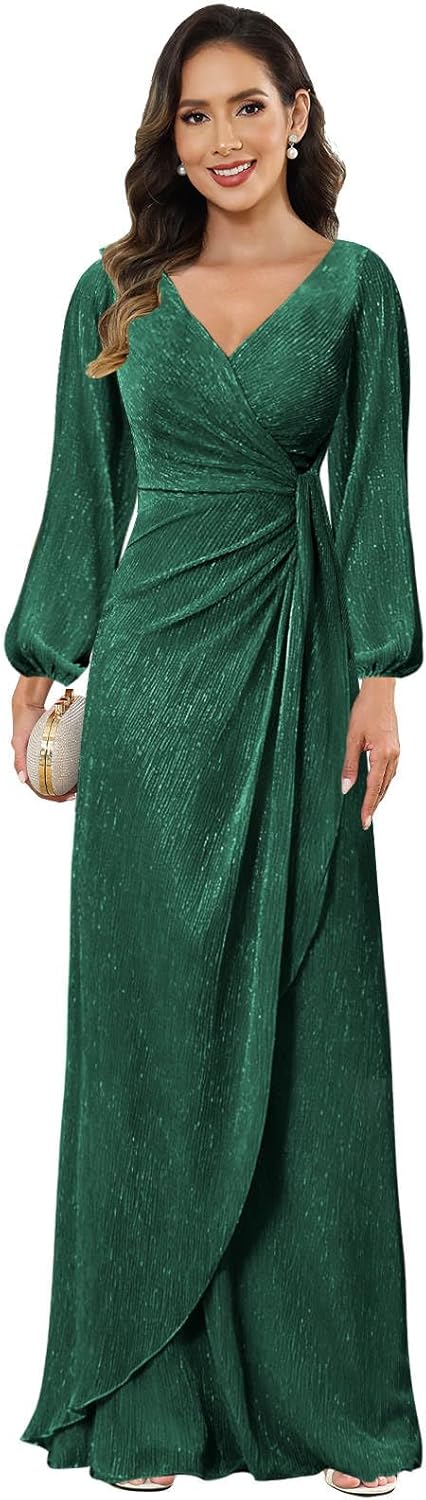 Sequin Mother of The Bride Dresses with Sleeves V-Neck Mermaid Formal Gown Pleated Long Evening Dress