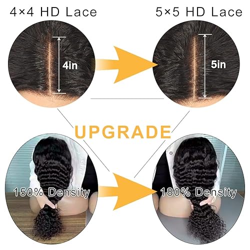 Miniatura 2 de snv Pelucas de cabello humano con cierre de encaje HD de 5 x 5 pulgadas, predepiladas, de onda profunda, densidad 180, listas para usar, pelucas