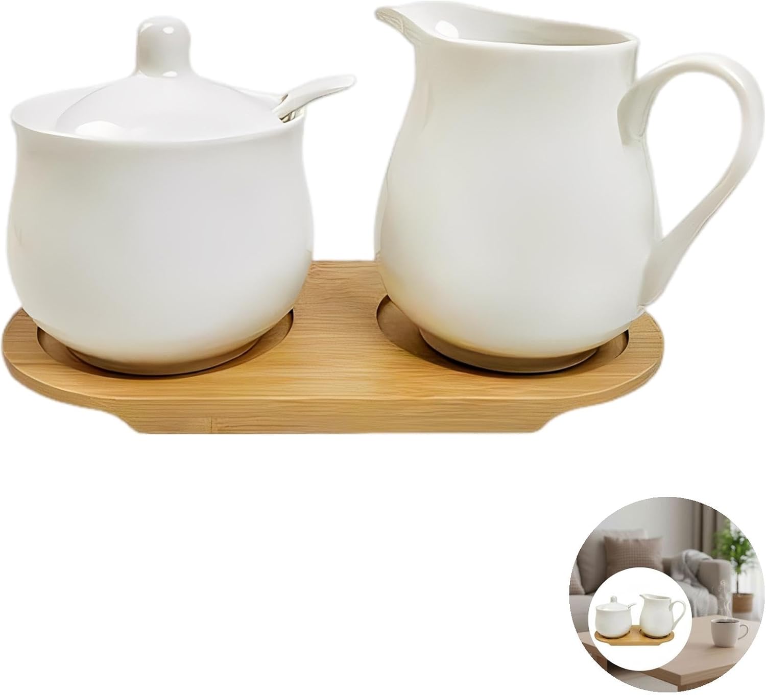 3 Pcs Sugar and Creamer Set with Wood Tray, Ceramic Sugar Bowl and Creamer Pitcher, Round Body, 1.2 Lbs / 550 G for Coffee Bar, Home, Restaurant