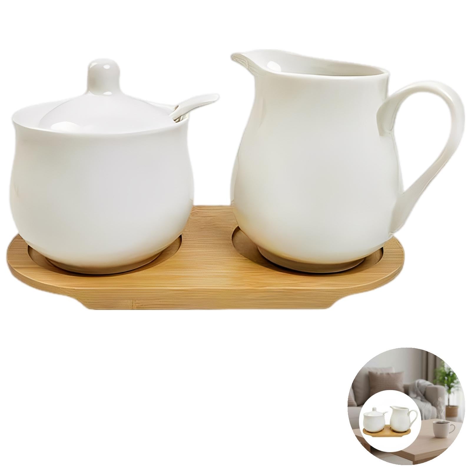 3 STK. Zucker- und Sahne-Set für die Kaffeebar, mit Zuckerdose, Milchkännchen und Holztablett, Keramik-Set mit rundem Korpus, 550 g, für Zuhause, Restaurant, Kaffee und Tee, kompaktes Design