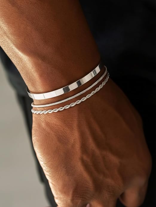 Pulsera para hombre plateada sencilla 6.5-9 in miniatura 2
