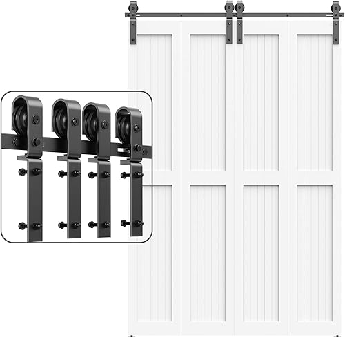 ROOMTEC Kit de riel de herrajes para puerta corrediza de granero bidireccional, kit de rodillos negros para puertas, forma de J (sin puerta) (4