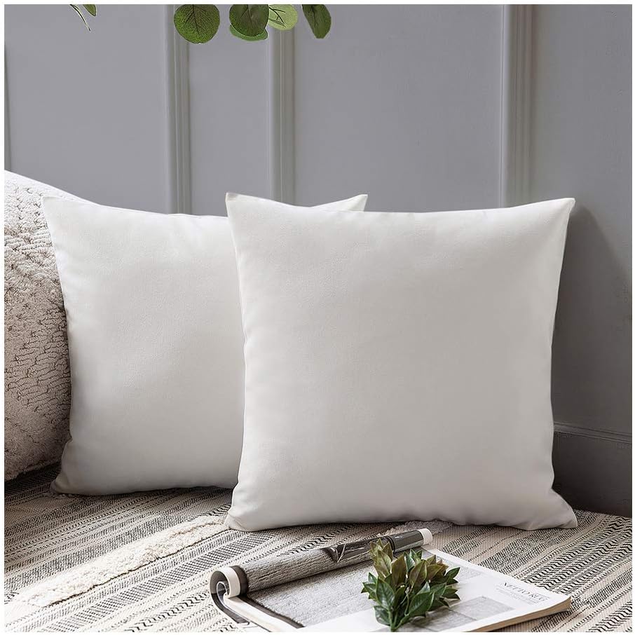 Azume Set of 2 Off White Comfy Throw Pillow Covers Velvet Decorative Couch Pillow Soft Pillow Covers for Living Room,18x18 inch Comfortable Euro Pillow Covers for Couch Sofa Bed