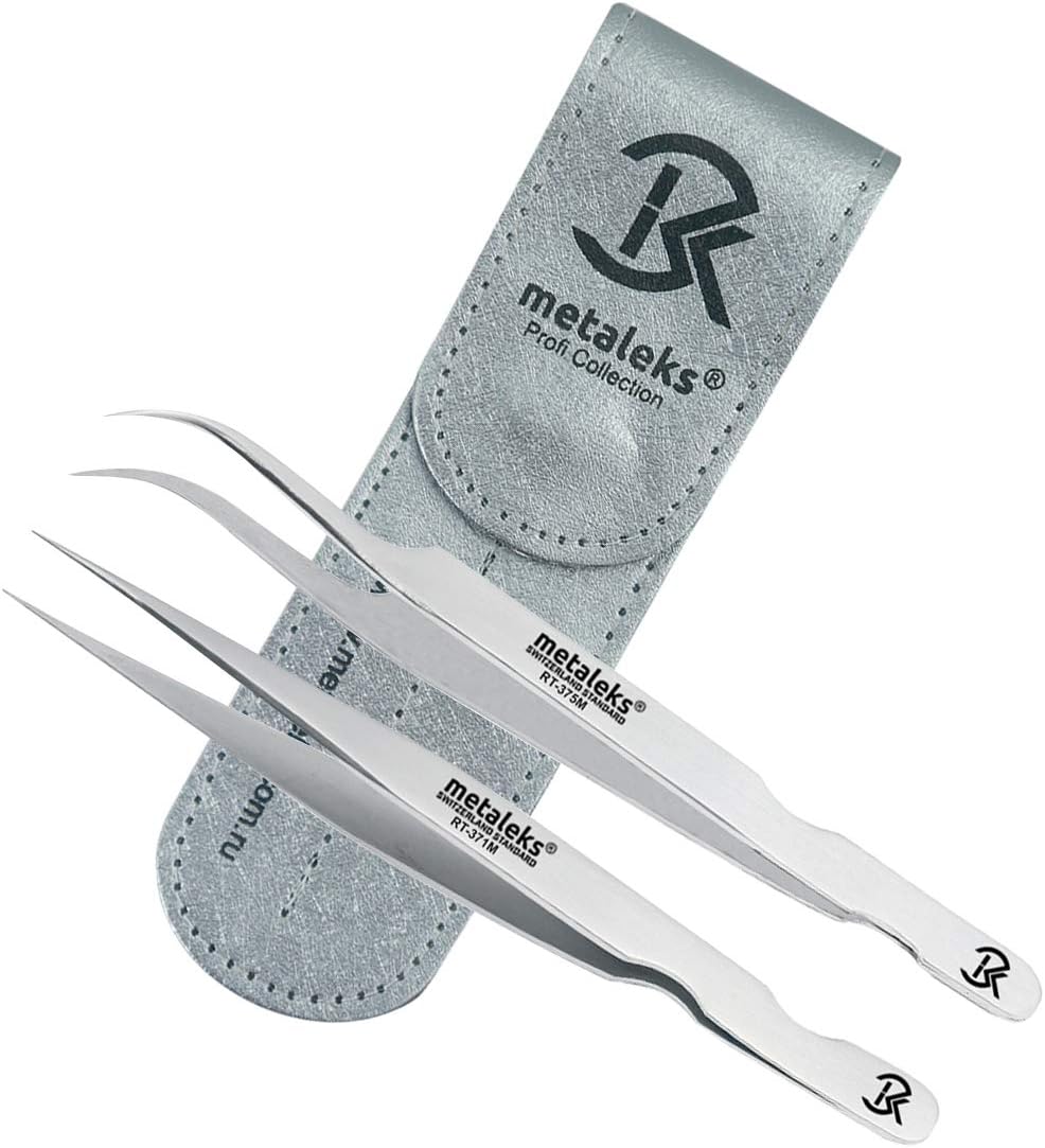 2Pcs Eyelash Extension Tweezers Set Made of Japanese Stainless Steel with Pouch (Mat Finish)