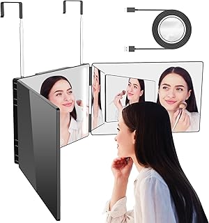 3 Way Mirror with Lights, 360 Hair Cutting, Rechargeable Self Cut Barber Mirror with 3 Colour Dimmable LED, Foldable Design, Adjustable Telescopic Hooks for Styling, Shaving & Makeup