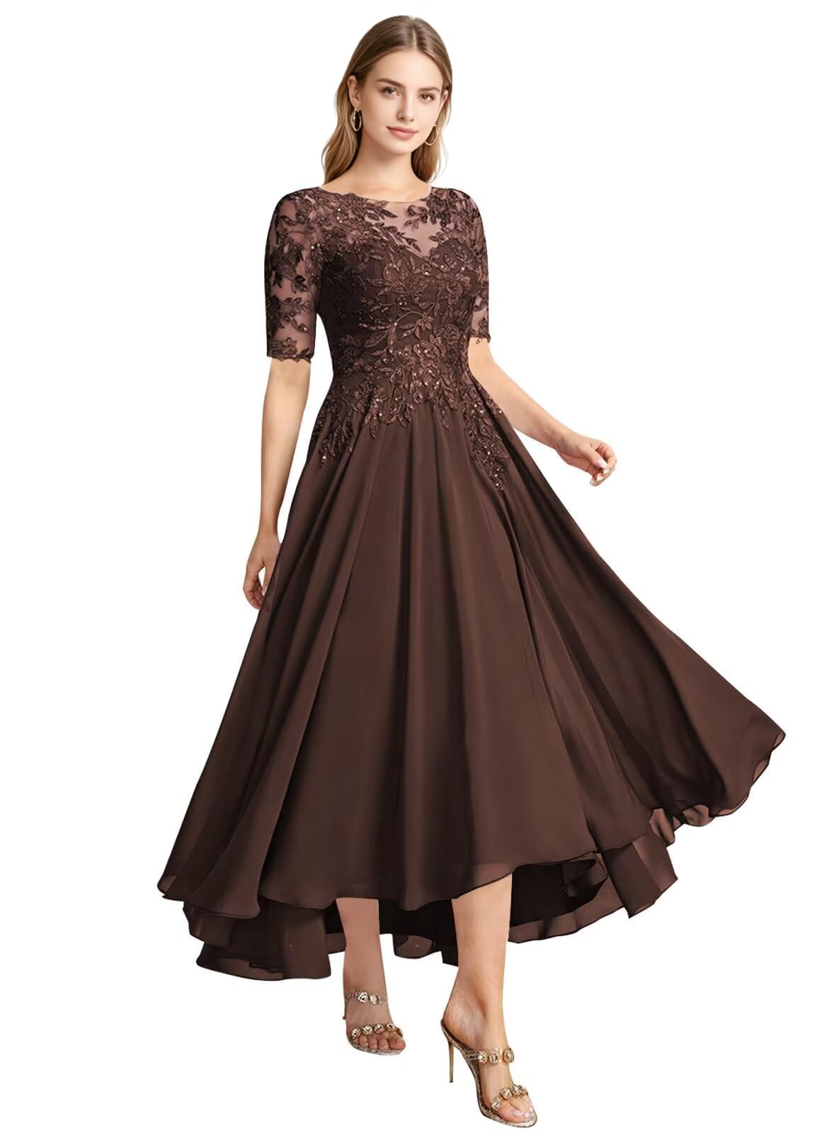 Spitzen-Applikationen, U-Boot-Ausschnitt, Brautmutter-Kleid, Chiffon, halbe Ärmel, Tee-Länge, Hochzeitsgästekleid für Damen